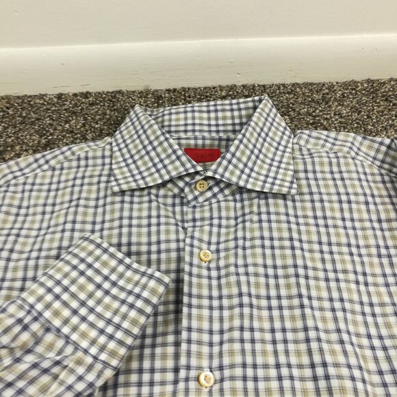 Isaia Napoli Dress Shirt Gray Beige Tan Plaid Size 17 | 43 - Picture 1 of 8